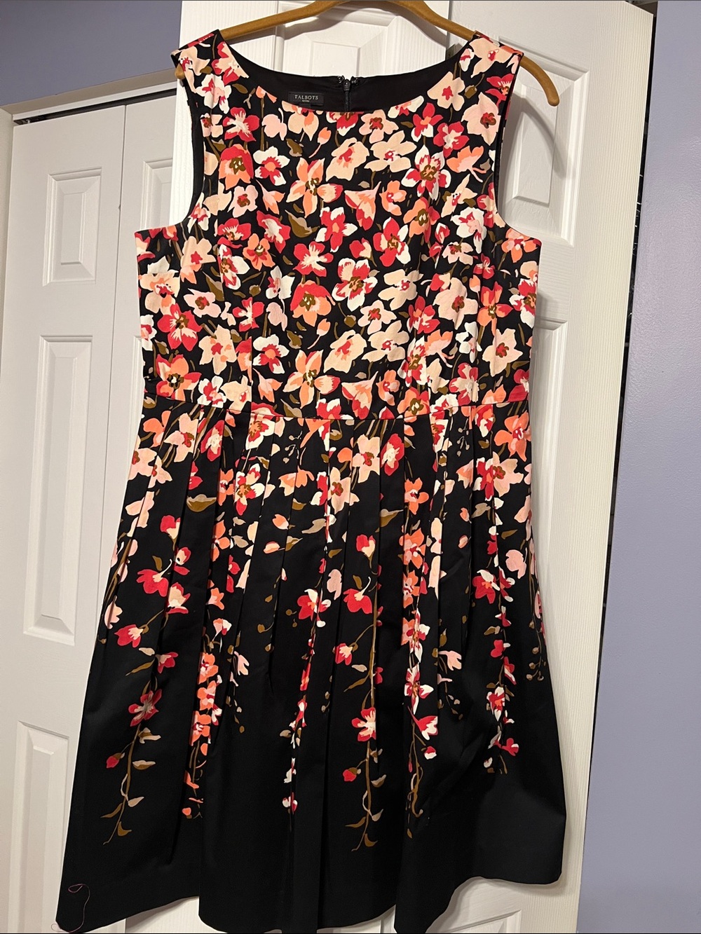 Talbots Black Floral Fit-and-Flare women’s Dress with Pink and Red Blooms